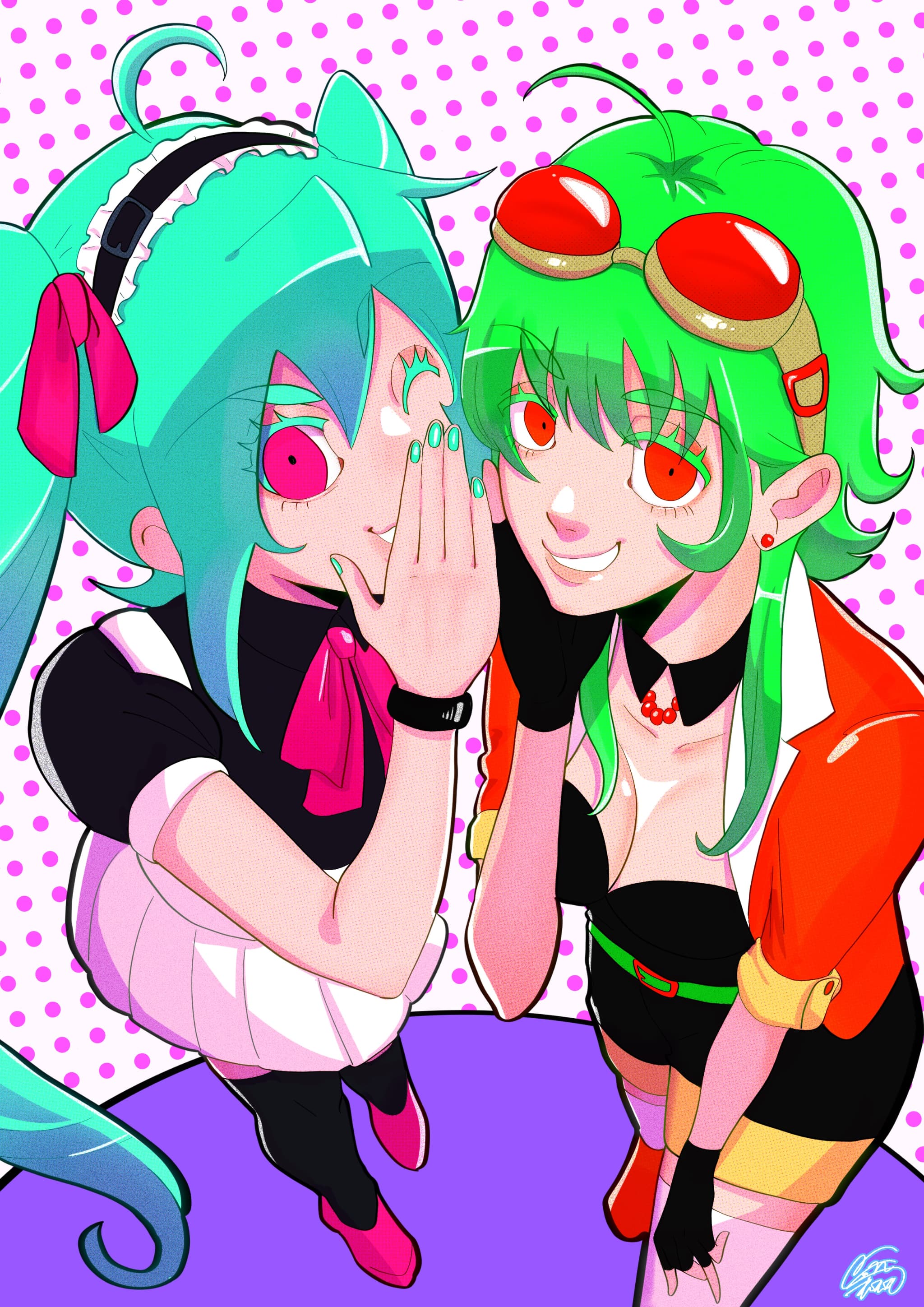 内緒話をする初音ミクとGUMIのイラスト